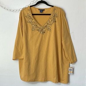 Karen Scott Mustard V-Neck Long Sleeve Top with Sequin Detail